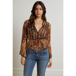 Lane Bryant Brown Paisley Silk Semi Sheer Long Sleeve Boho Peasant Blouse 18/20